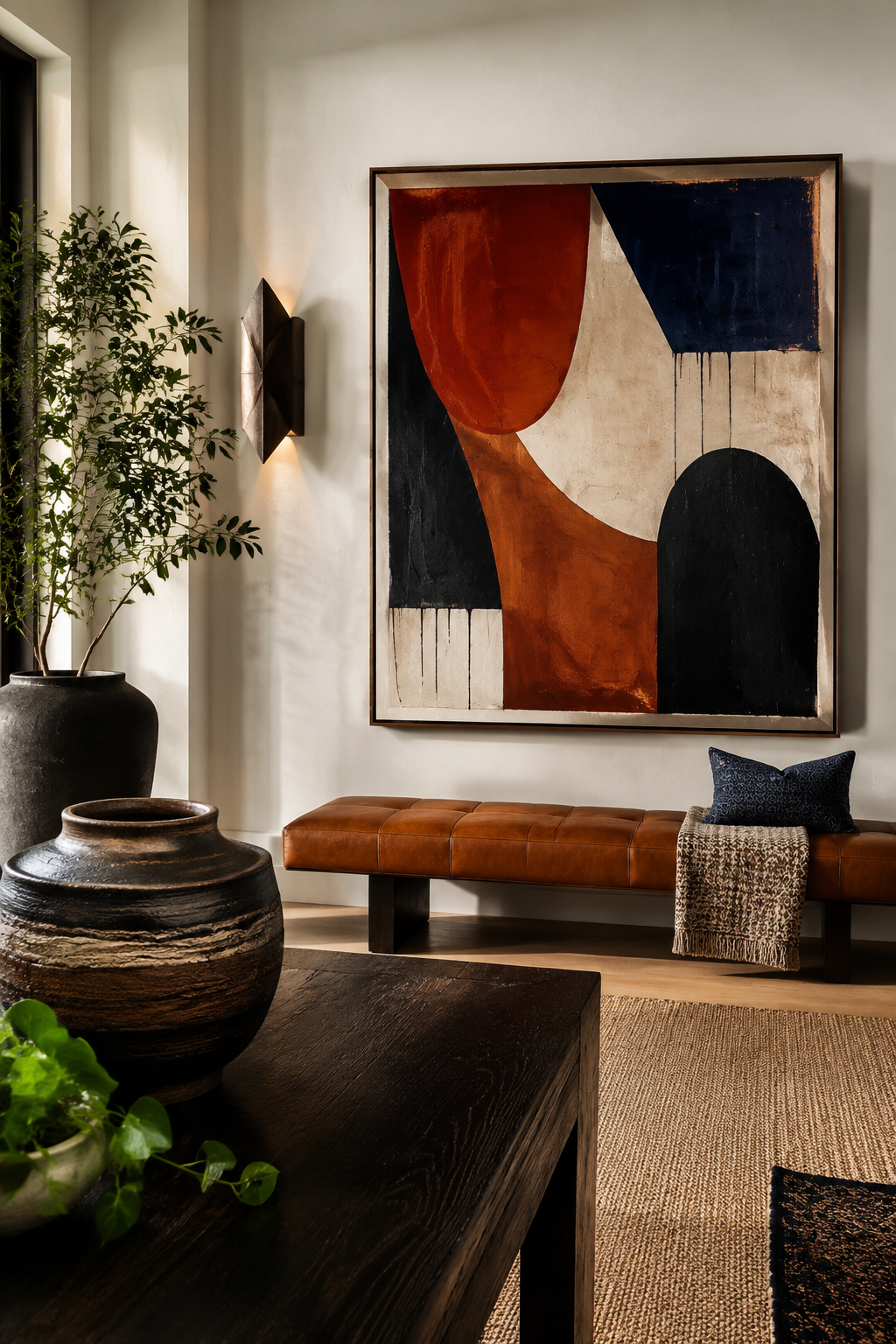 Large rug pattern balanced by a smaller cushion motif and striped throw