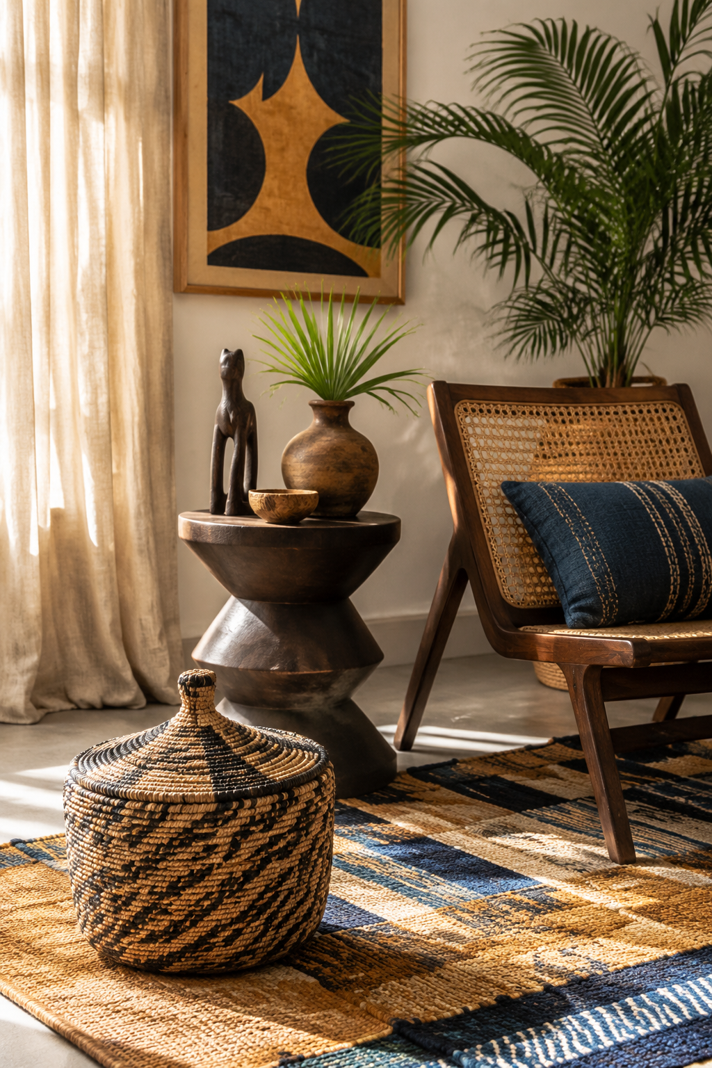 Large contemporary artwork above a dark wood console and caramel bench