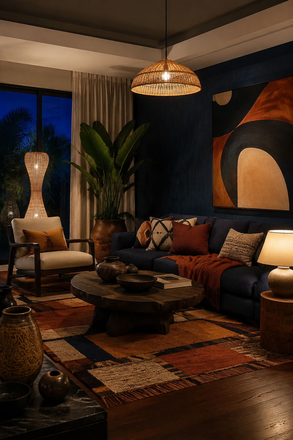 Afrobohemian room illuminated by pendant, floor and table lamps