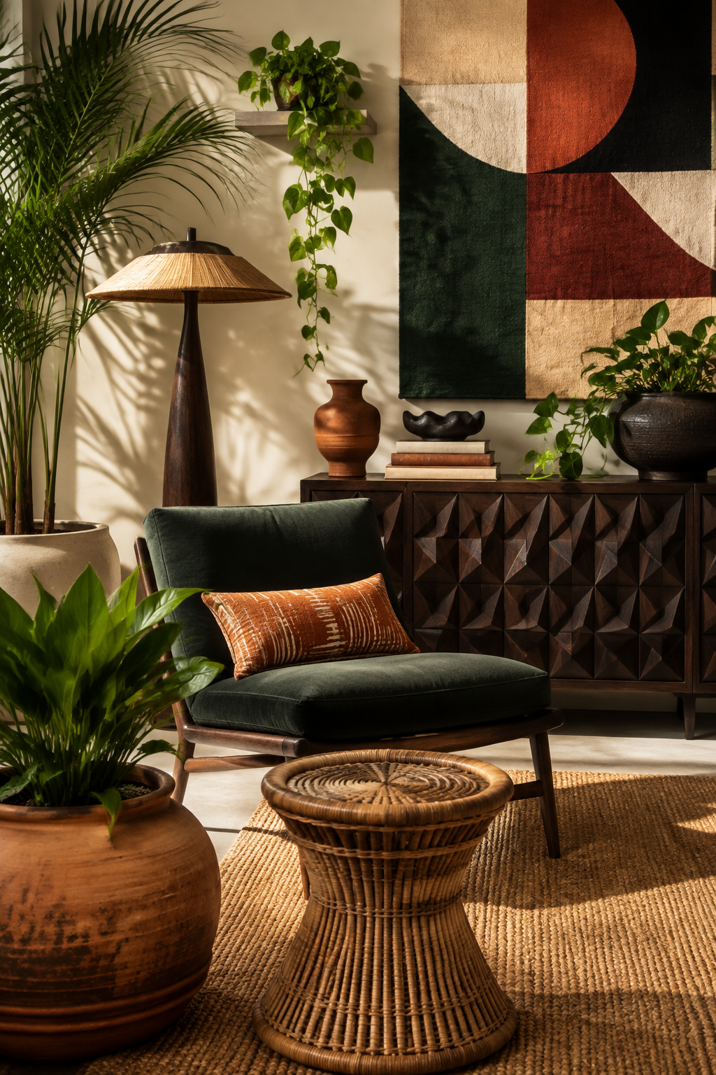 Tall palm, trailing plant and low furniture creating varied visual height