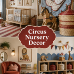 Collage of a playful circus nursery with stripes, curved furniture, animal art, and organized storage