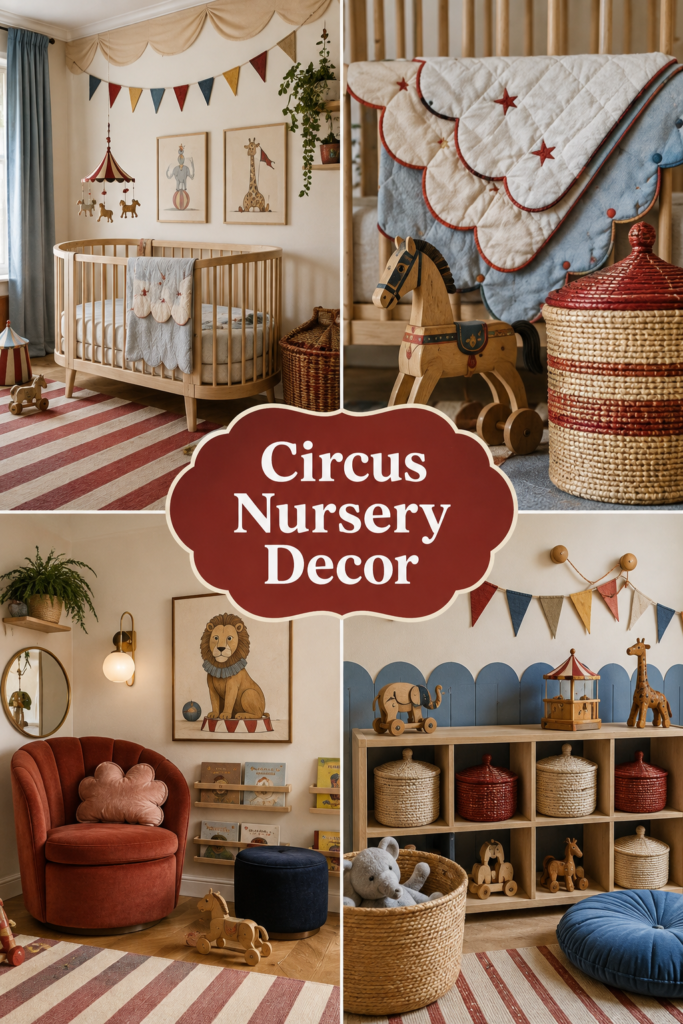 Collage of a playful circus nursery with stripes, curved furniture, animal art, and organized storage