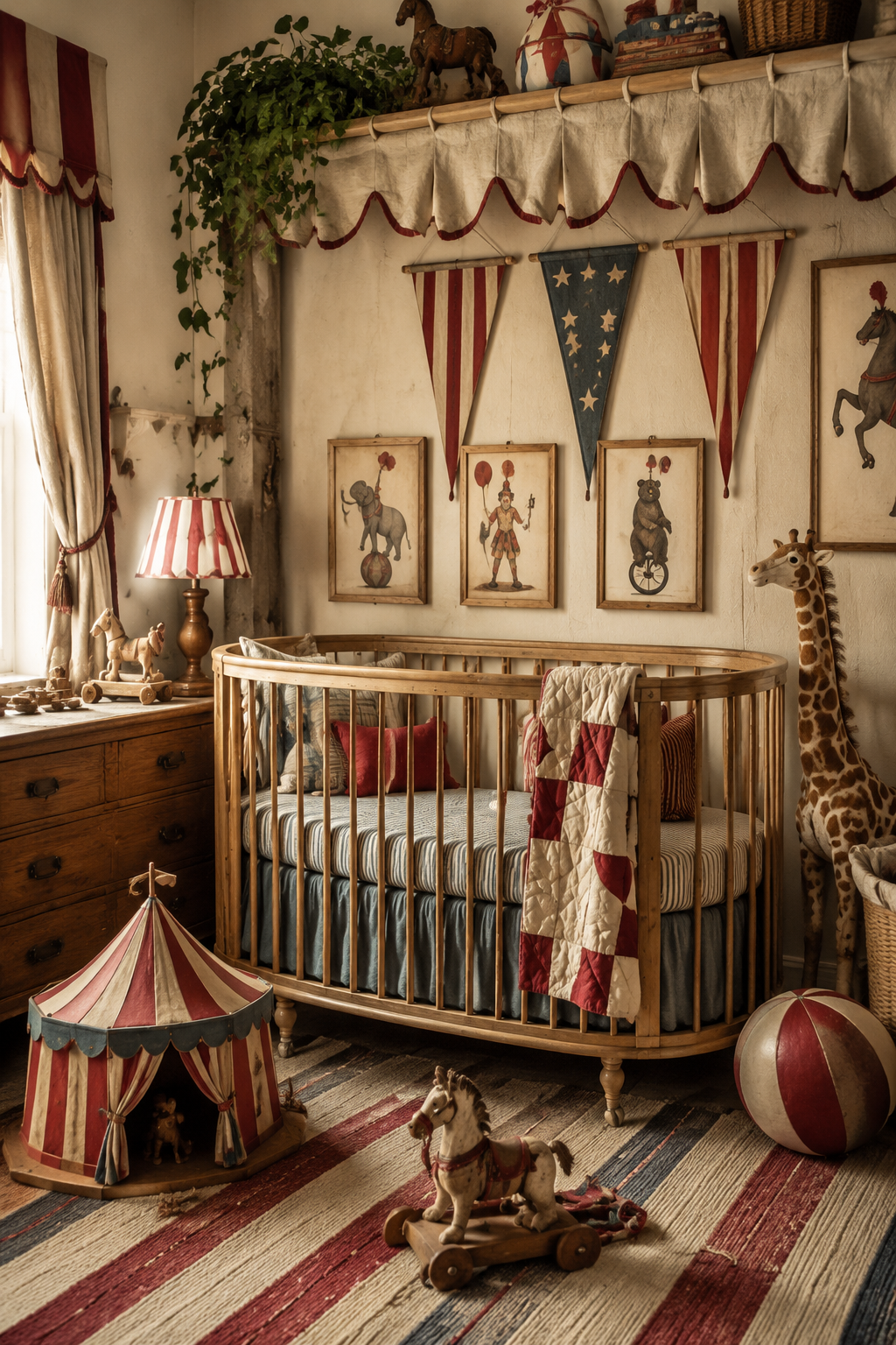 Vintage-inspired circus nursery in cream, dusty red, and faded blue