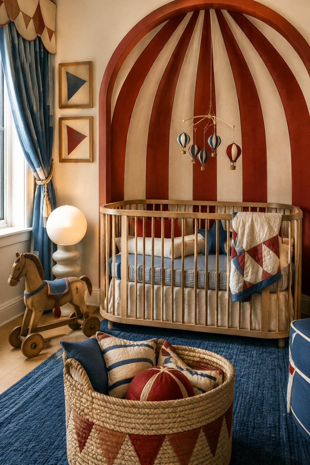 Nursery with one striped circus arch behind a pale wood crib