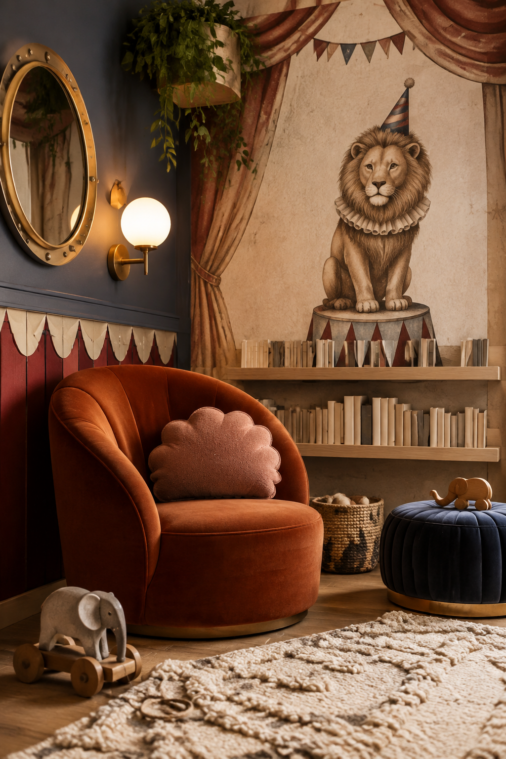 Circus nursery reading corner with curved shapes and gentle lion art