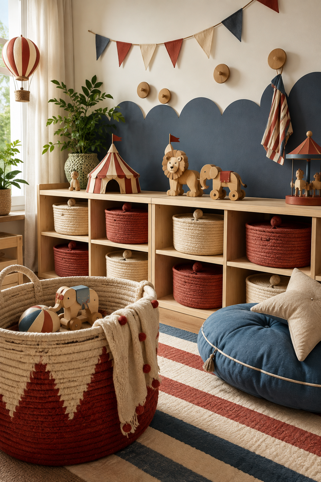 Organized circus nursery storage with woven baskets and wooden toys