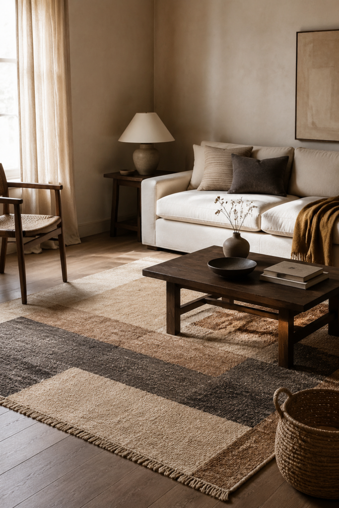 Calm living room with one geometric textile as the focal point