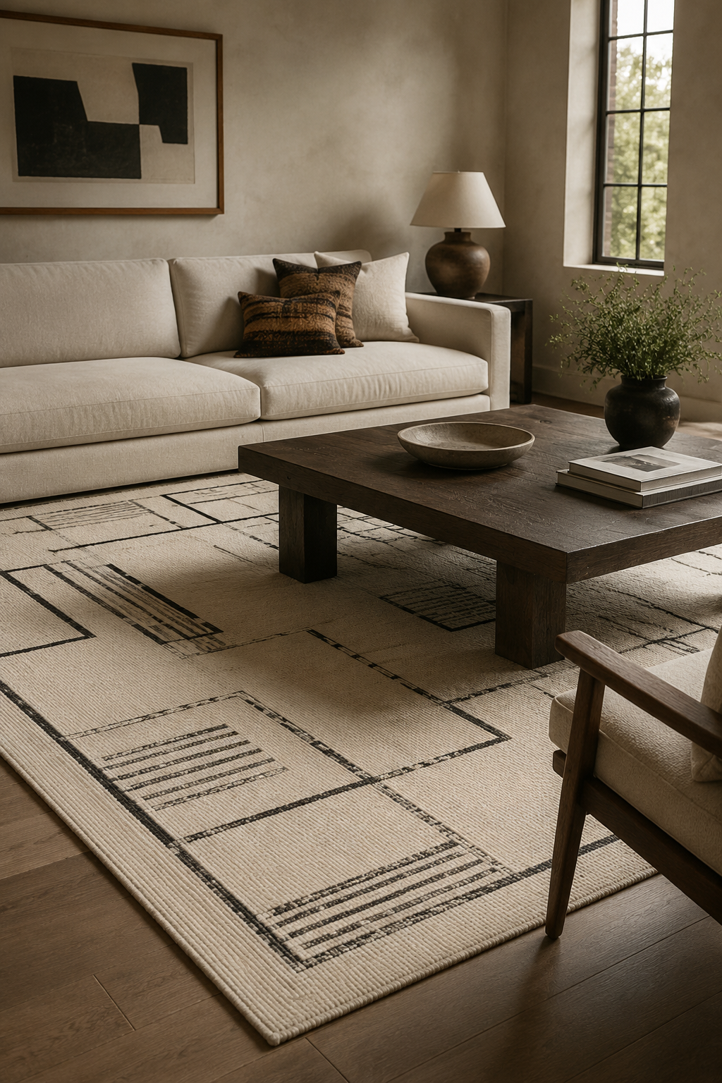 Calm living room with one geometric rug as the visual anchor
