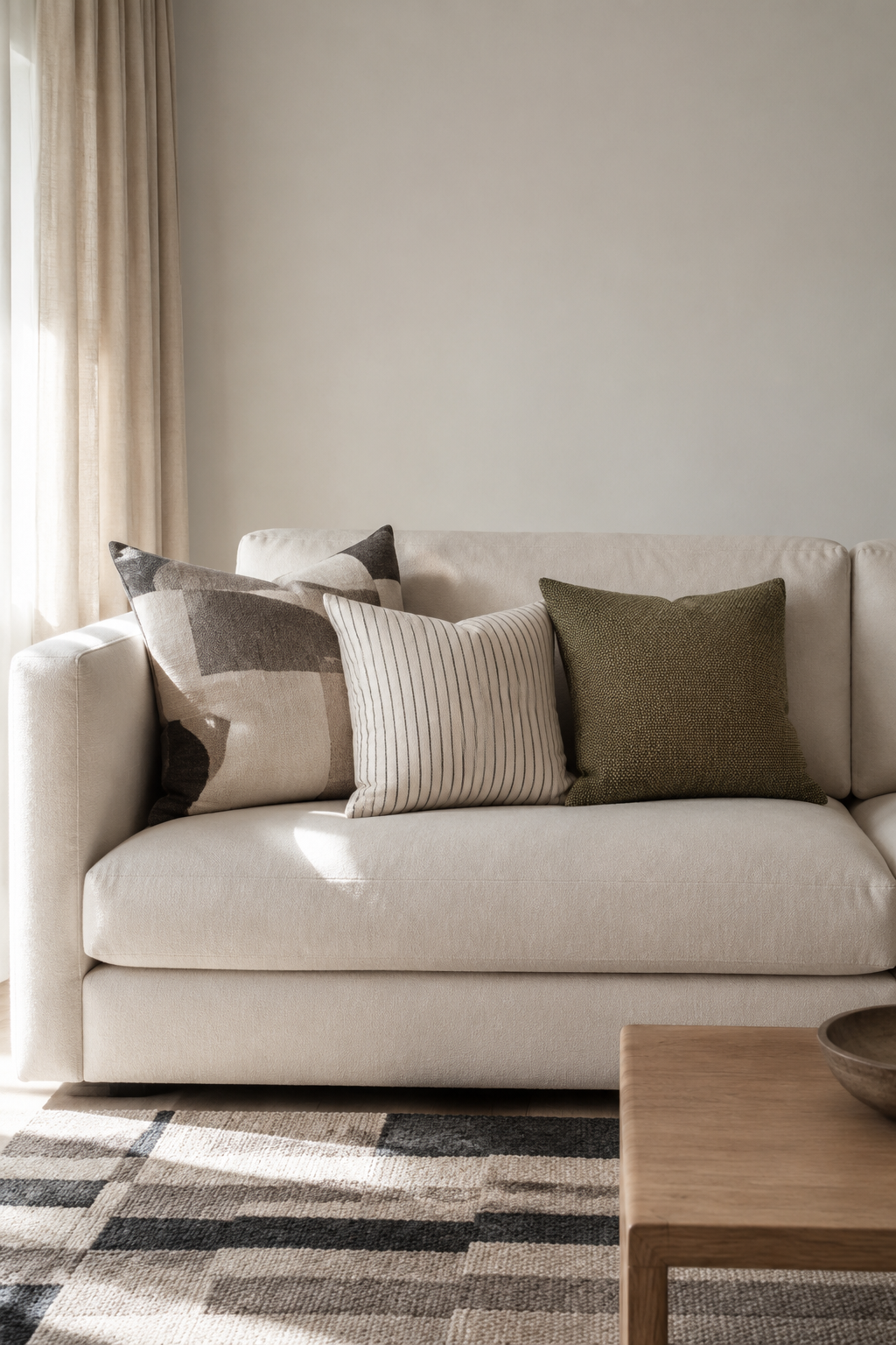 Sofa mixing broad, fine, and solid textile patterns