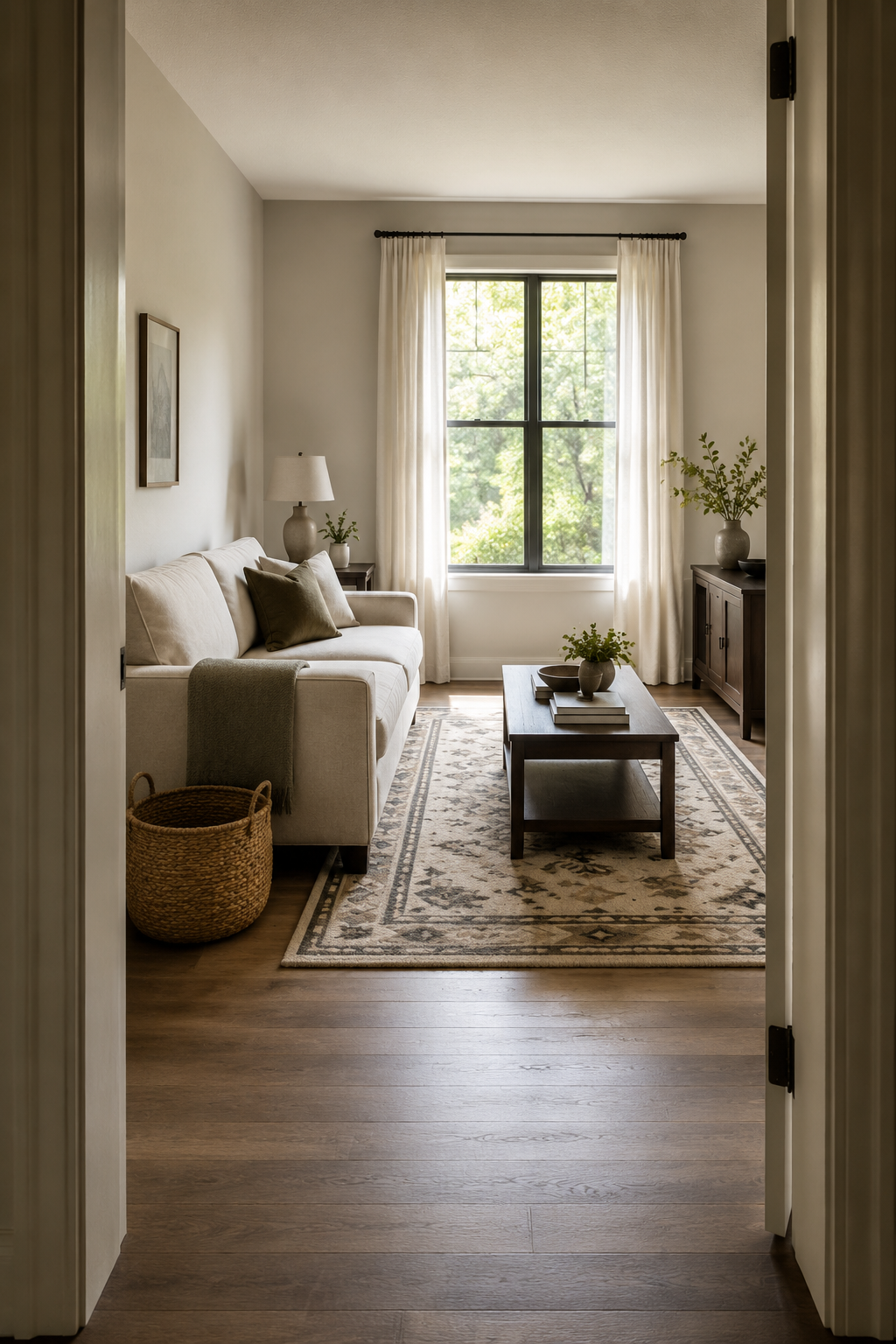 Compact motif-led living room with a clear walking path