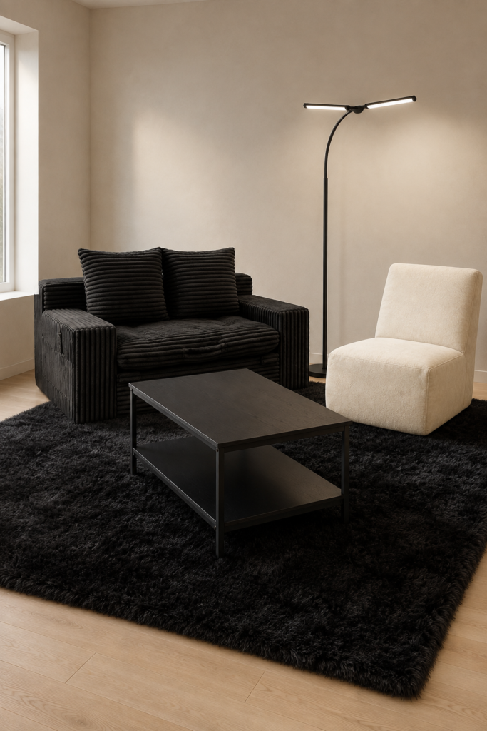 Warm neutral living room with a corduroy sofa, chenille chair, black table, floor lamp, and shag rug