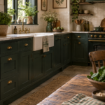 Four-panel dark cottagecore kitchen collage with green cabinets, pottery, layered lighting, and a breakfast nook under a nine-ideas title.