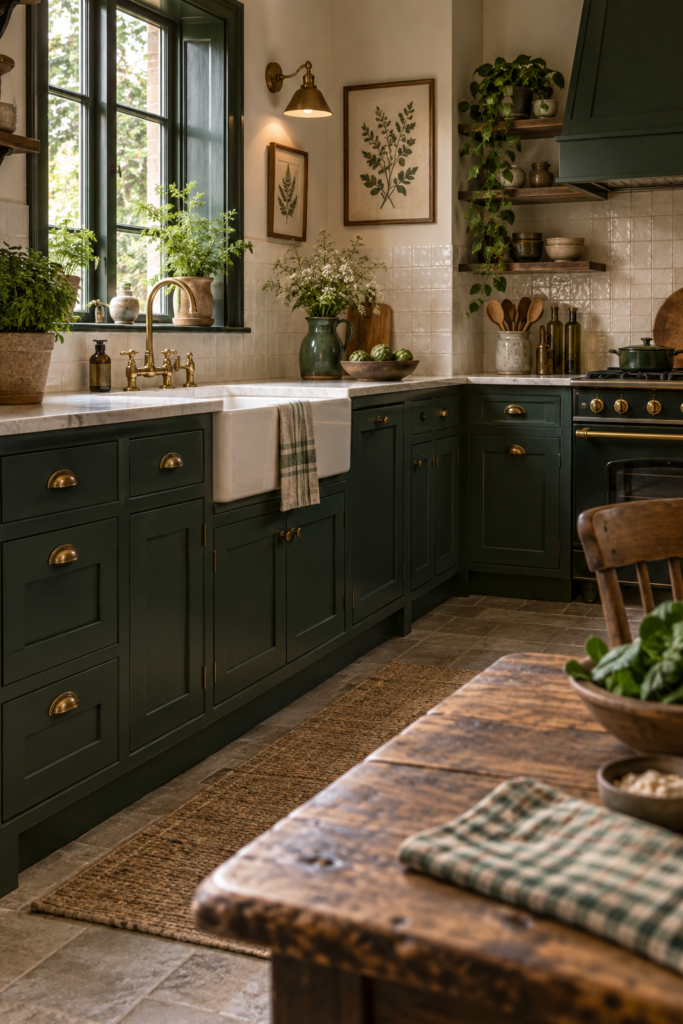 Four-panel dark cottagecore kitchen collage with green cabinets, pottery, layered lighting, and a breakfast nook under a nine-ideas title.