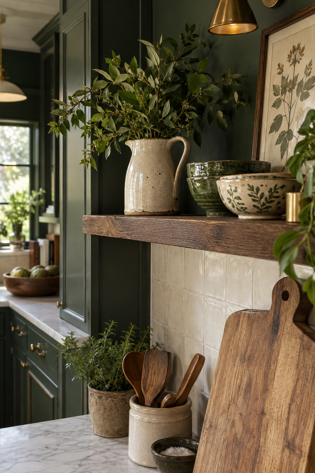 Forest-green cottage kitchen with ivory surfaces, a wooden table, and a bright window.