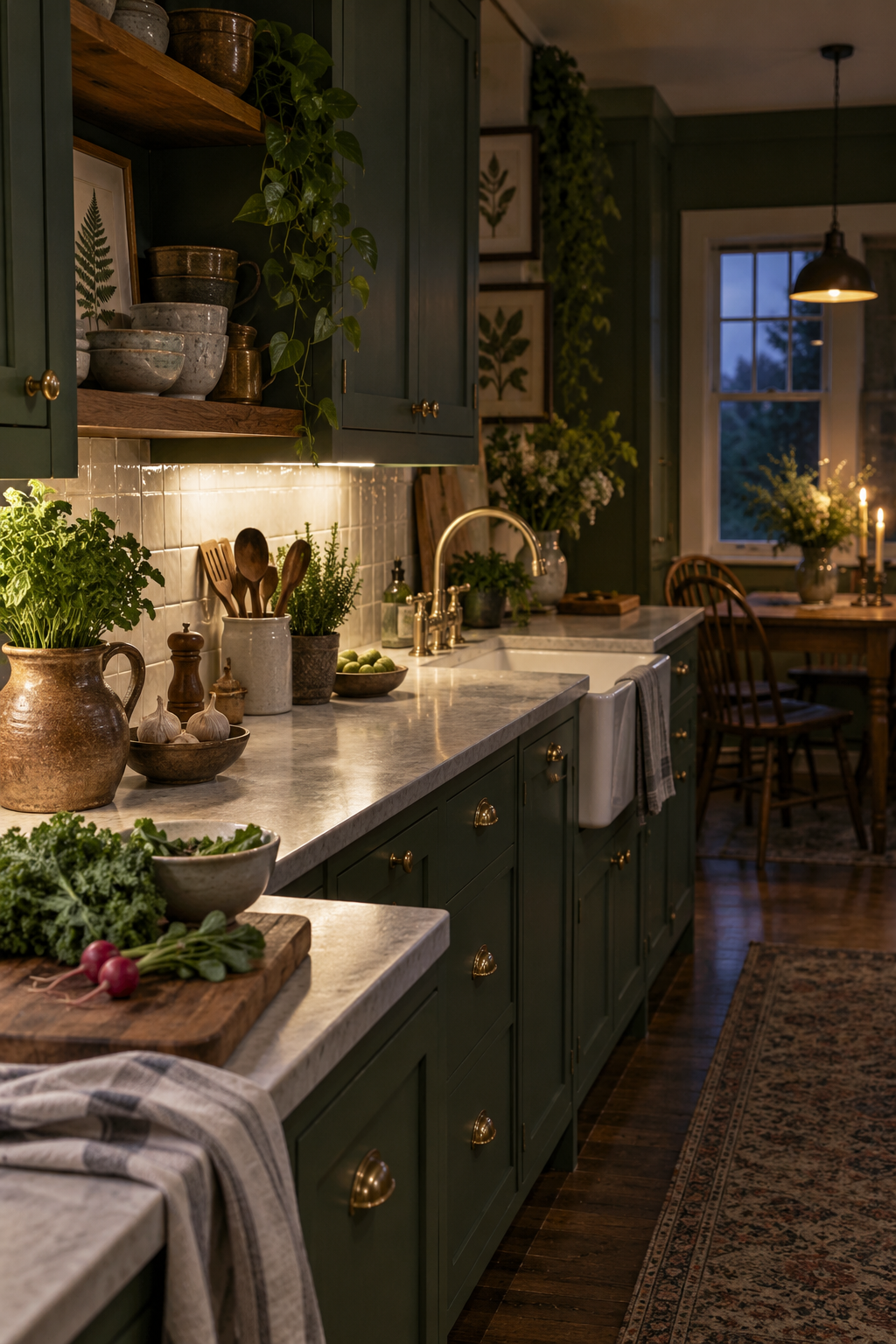 Wooden kitchen shelf with a cream jug and everyday bowls against a deep green wall.