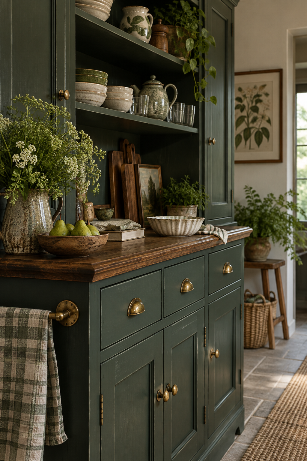 Dark green kitchen with illuminated preparation surfaces and a softly lit wooden dining table.