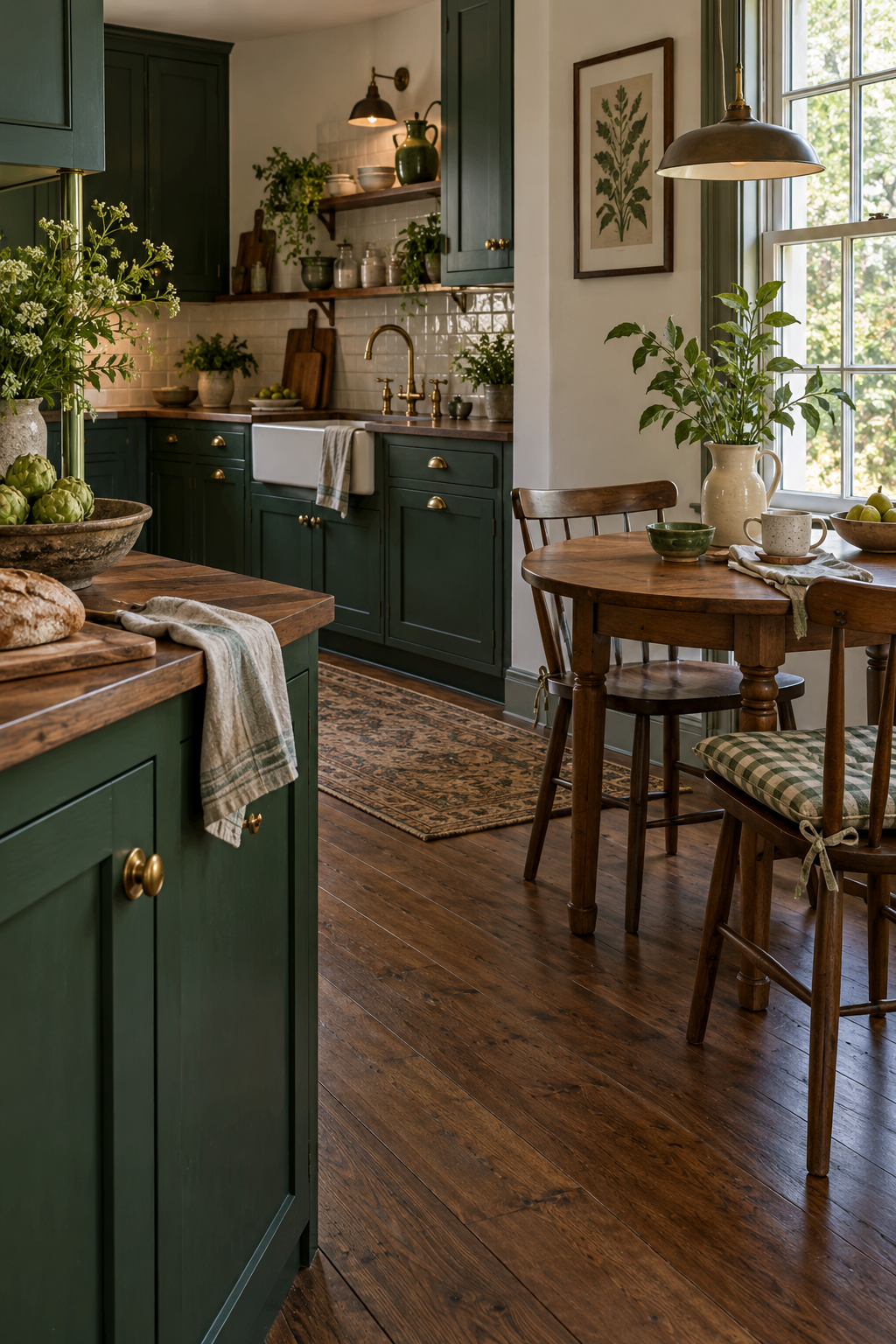 Small wooden breakfast table beside green cabinetry, with a checked cushion and aged-brass hardware.
