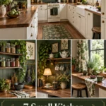 Four-panel collage of a small cottage kitchen, herb storage, tea corner and botanical window, titled 7 Small Kitchen Witch Decor Ideas.