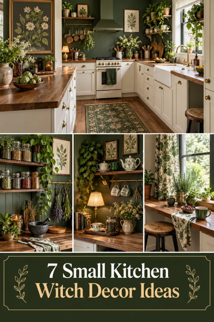 Four-panel collage of a small cottage kitchen, herb storage, tea corner and botanical window, titled 7 Small Kitchen Witch Decor Ideas.