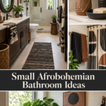 Four-panel collage of a small Afrobohemian bathroom, ceramic vanity accents, graphic textiles, and greenery with a bathroom-ideas title.