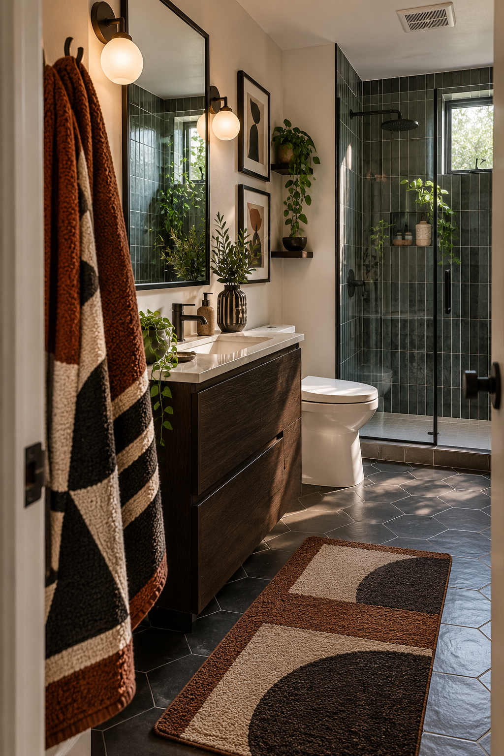 Compact bathroom with a clear walkway, graphic towel, shallow vanity, and glass-enclosed shower.