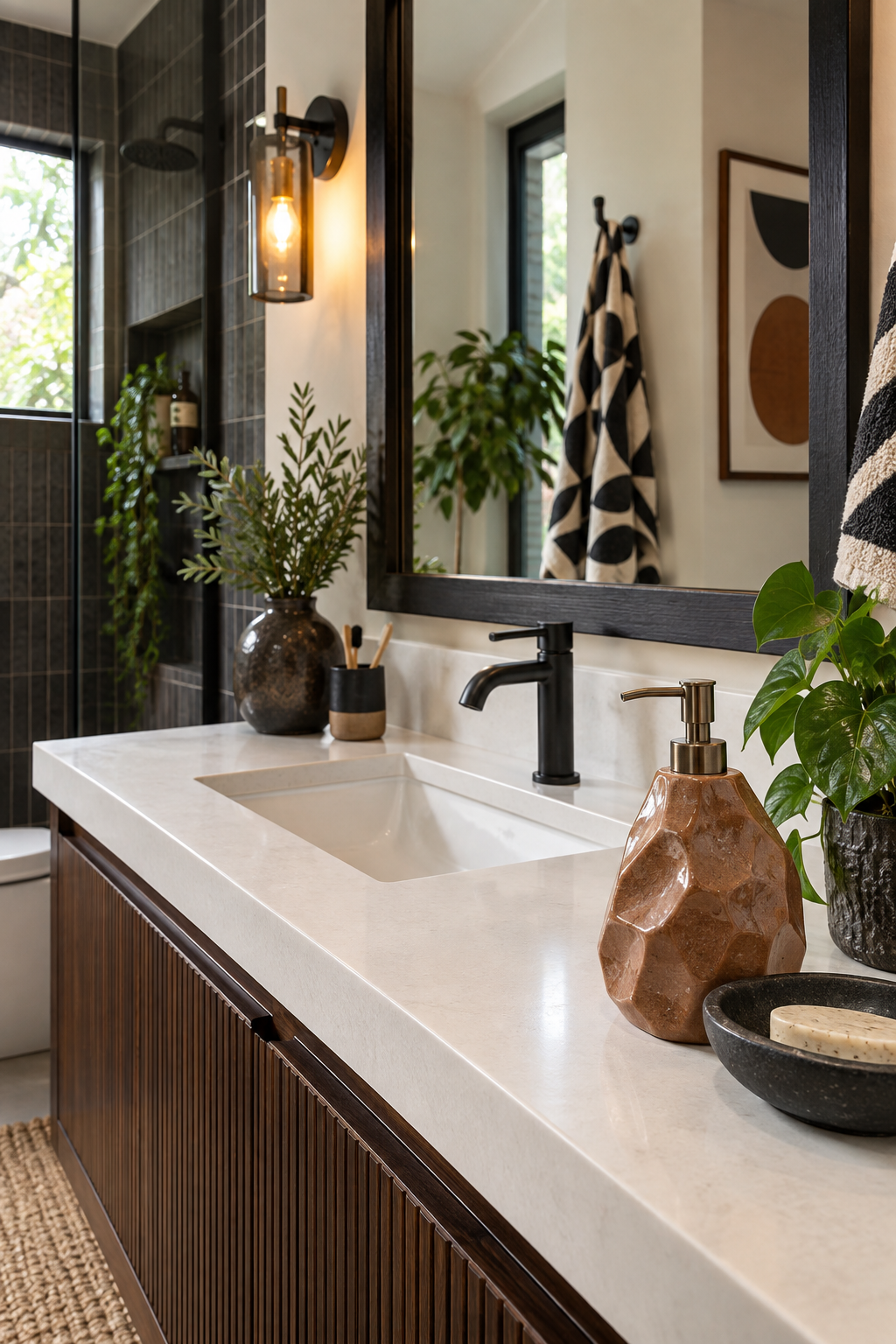 Clay-colored ceramic soap dispenser and charcoal dish beside a clear bathroom basin.