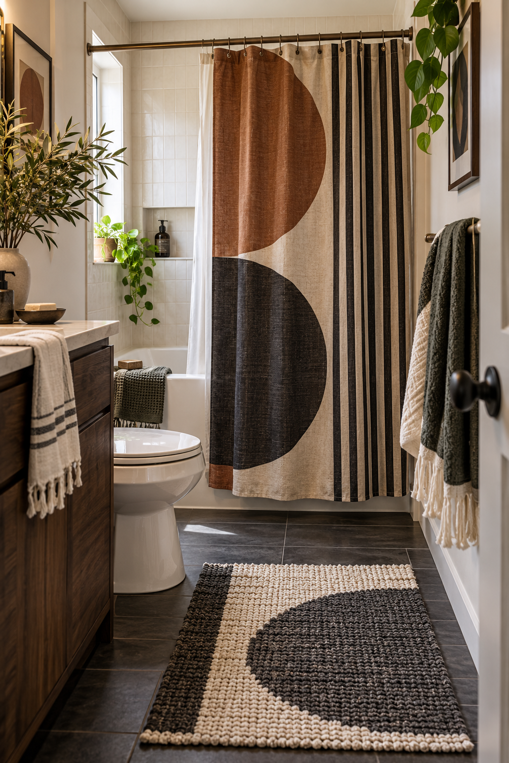 Graphic shower curtain with plain towels spread on a rail and a small washable bath mat.