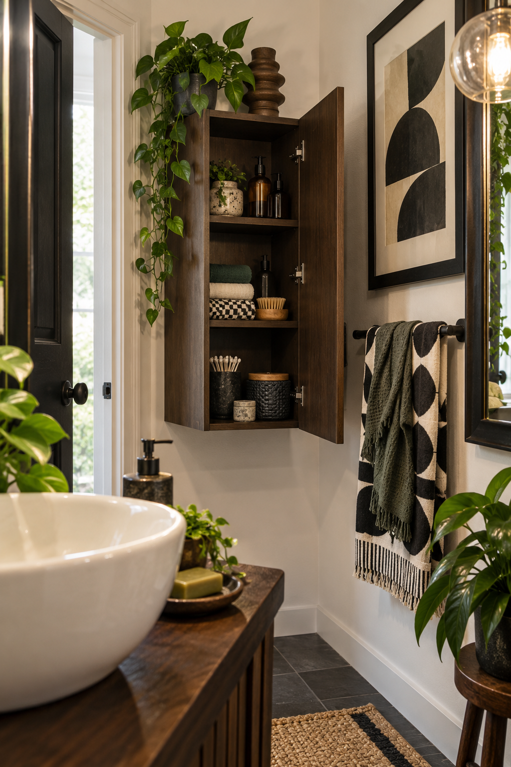 Shallow bathroom wall cabinet with organized toiletries and clear floor space below.