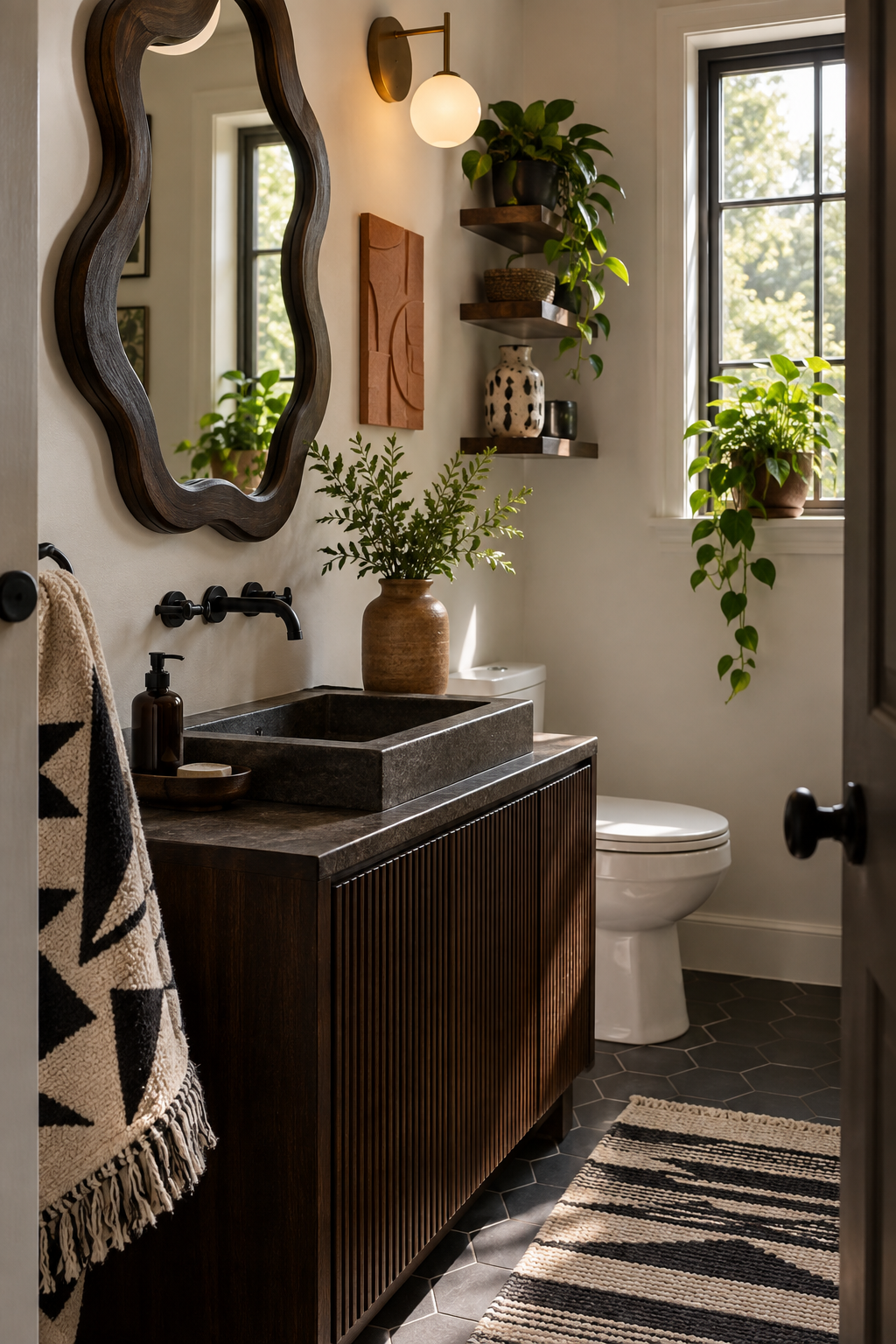 Sculptural mirror and ceramic wall accent with a small plant beside a bright bathroom window.