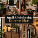 Pinterest collage of four small Afrobohemian entryways with storage, patterned textiles, handcrafted accents and greenery