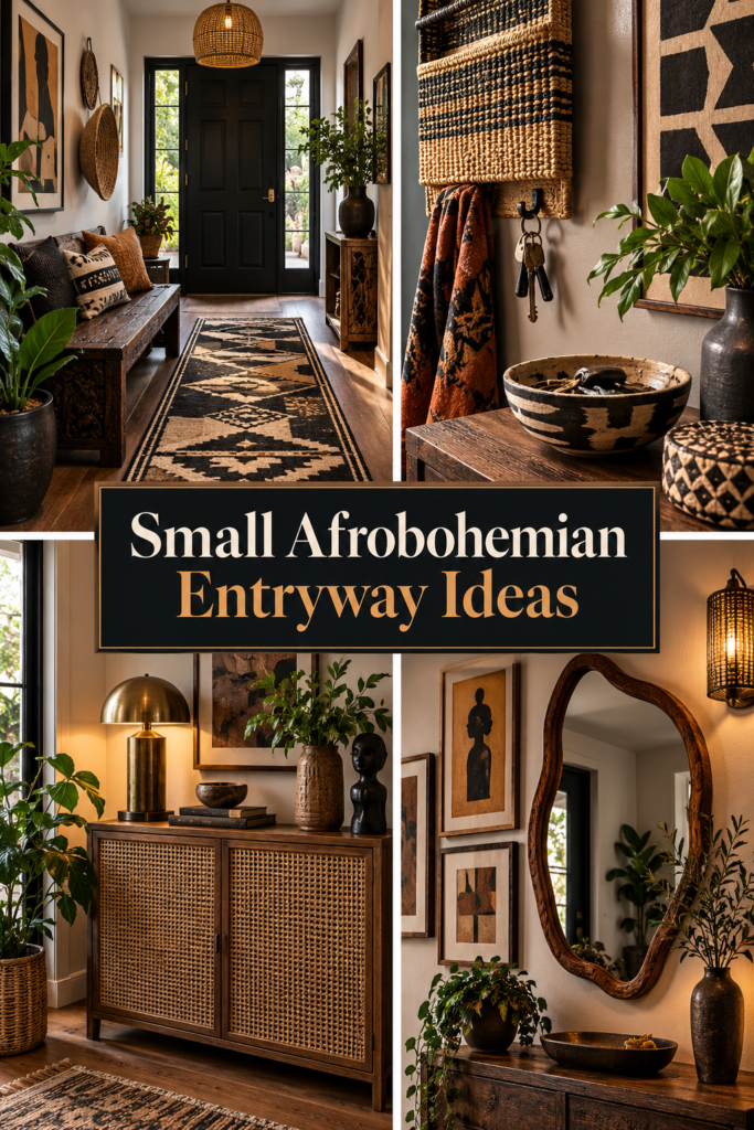 Pinterest collage of four small Afrobohemian entryways with storage, patterned textiles, handcrafted accents and greenery
