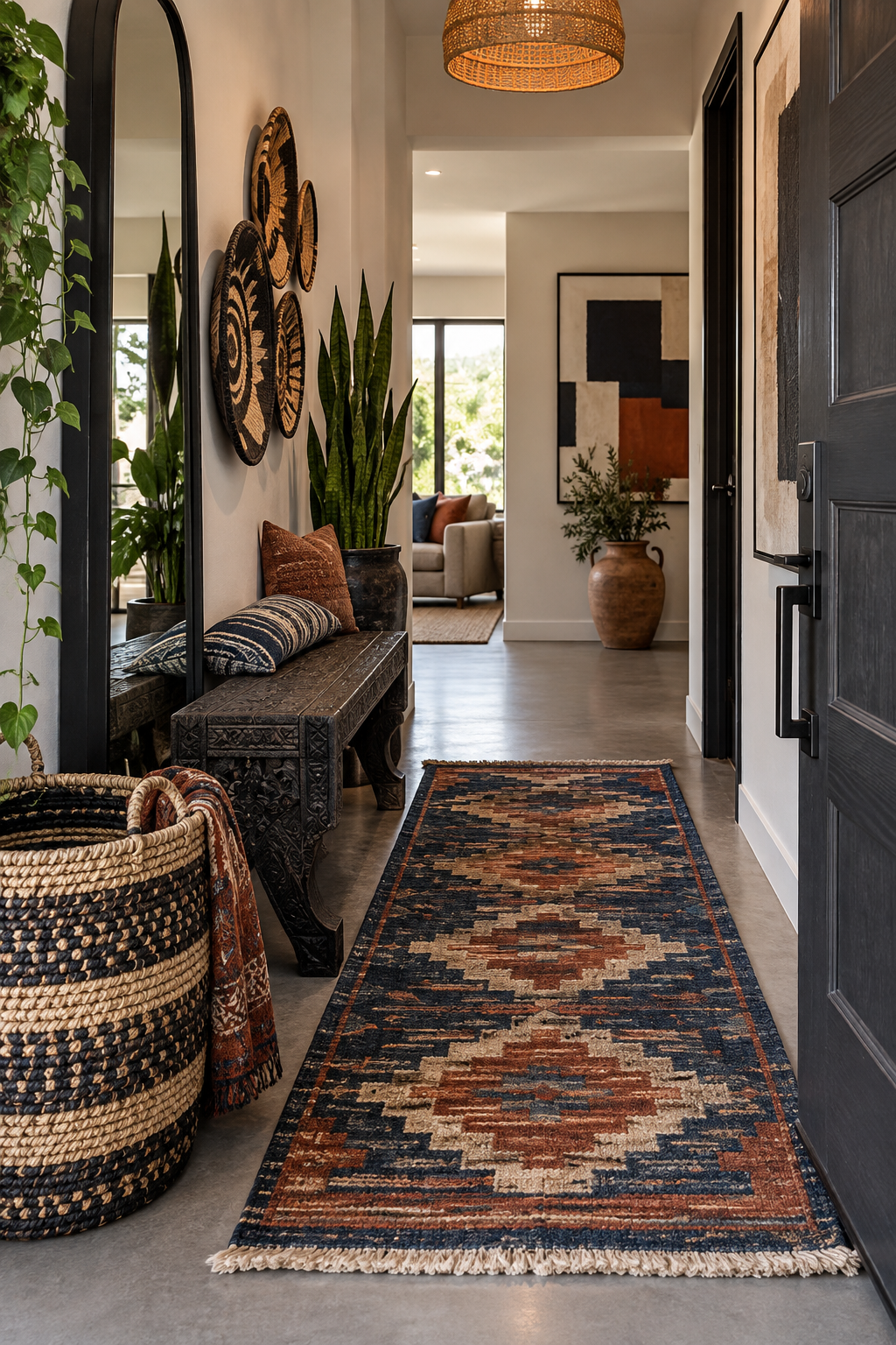 Compact Afrobohemian entryway with a clear walkway, patterned runner, narrow bench and tall mirror