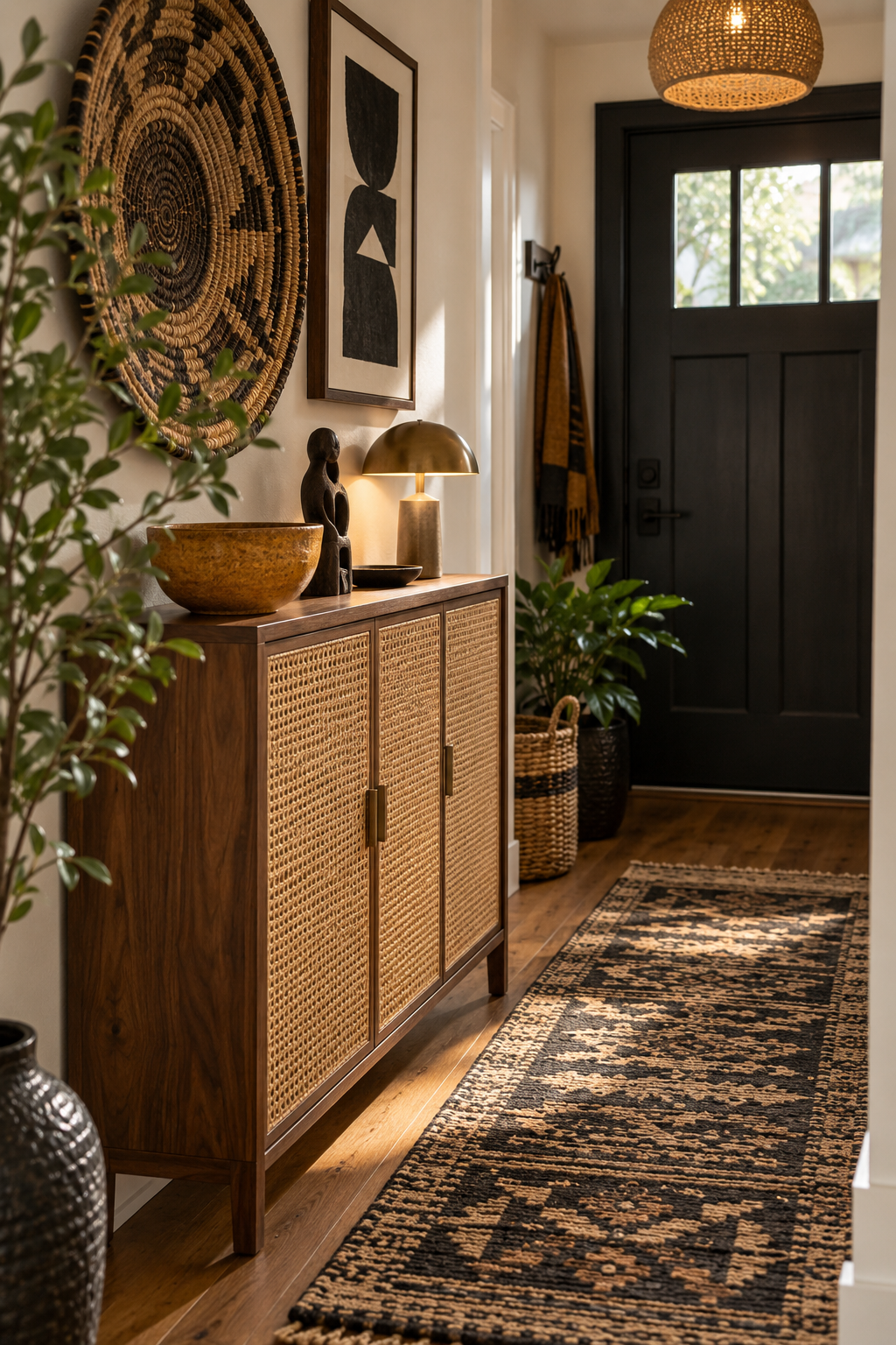 Shallow woven-front cabinet providing concealed storage in a small Afrobohemian entryway