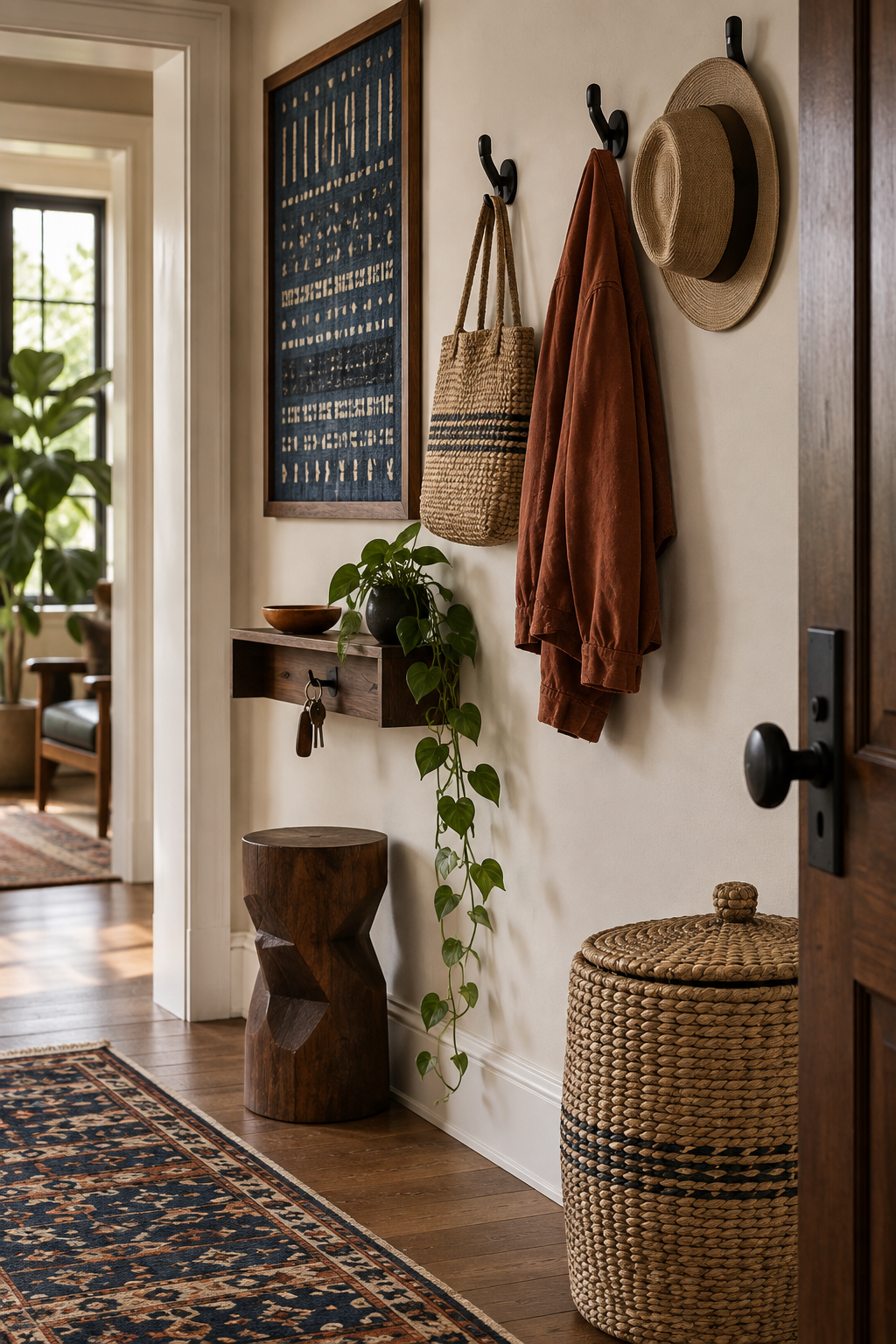 Wall-mounted hooks and a compact shelf organizing bags and keys in an Afrobohemian entryway