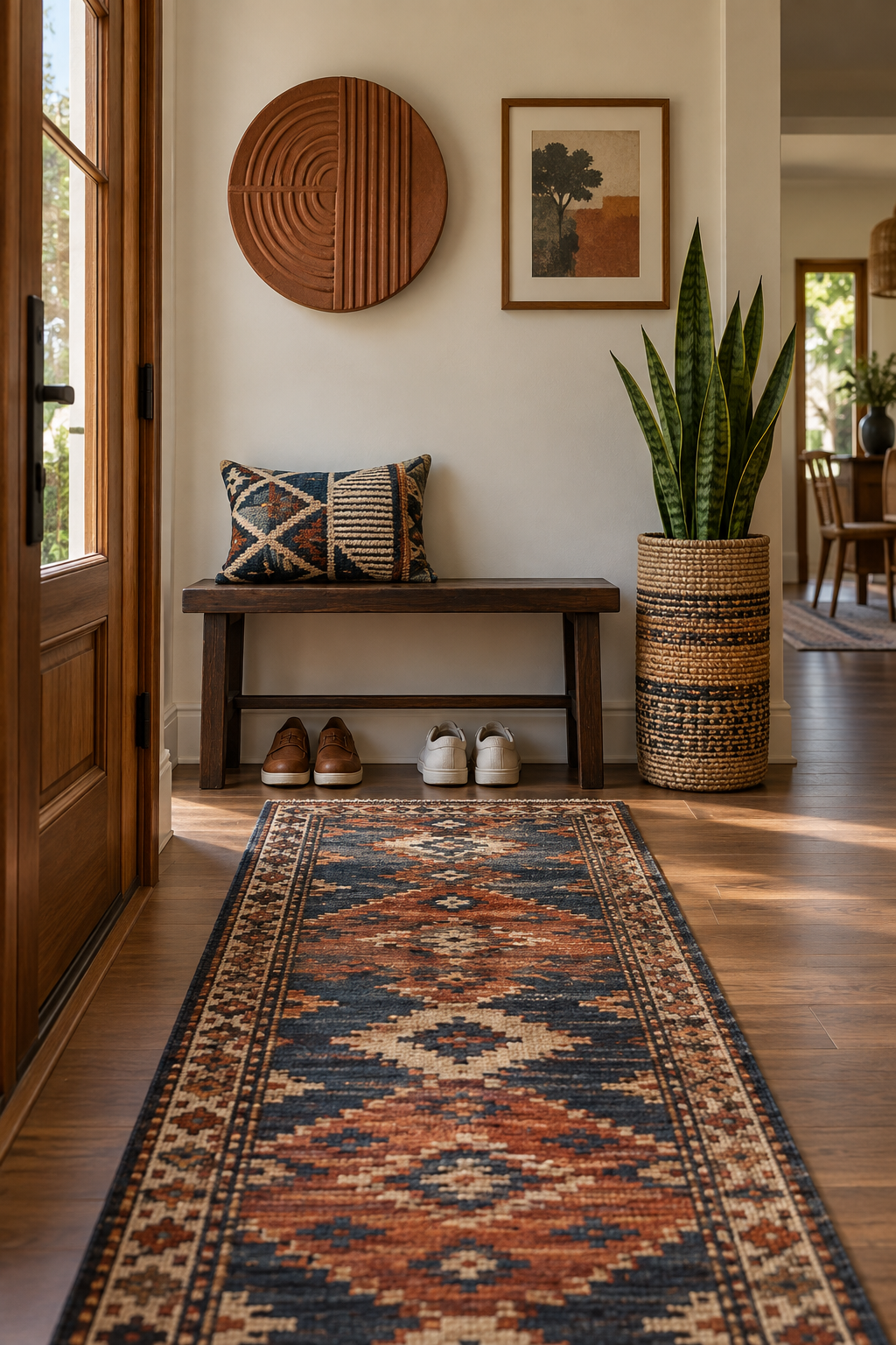 Narrow entryway bench with controlled shoe storage and an indigo and rust patterned cushion