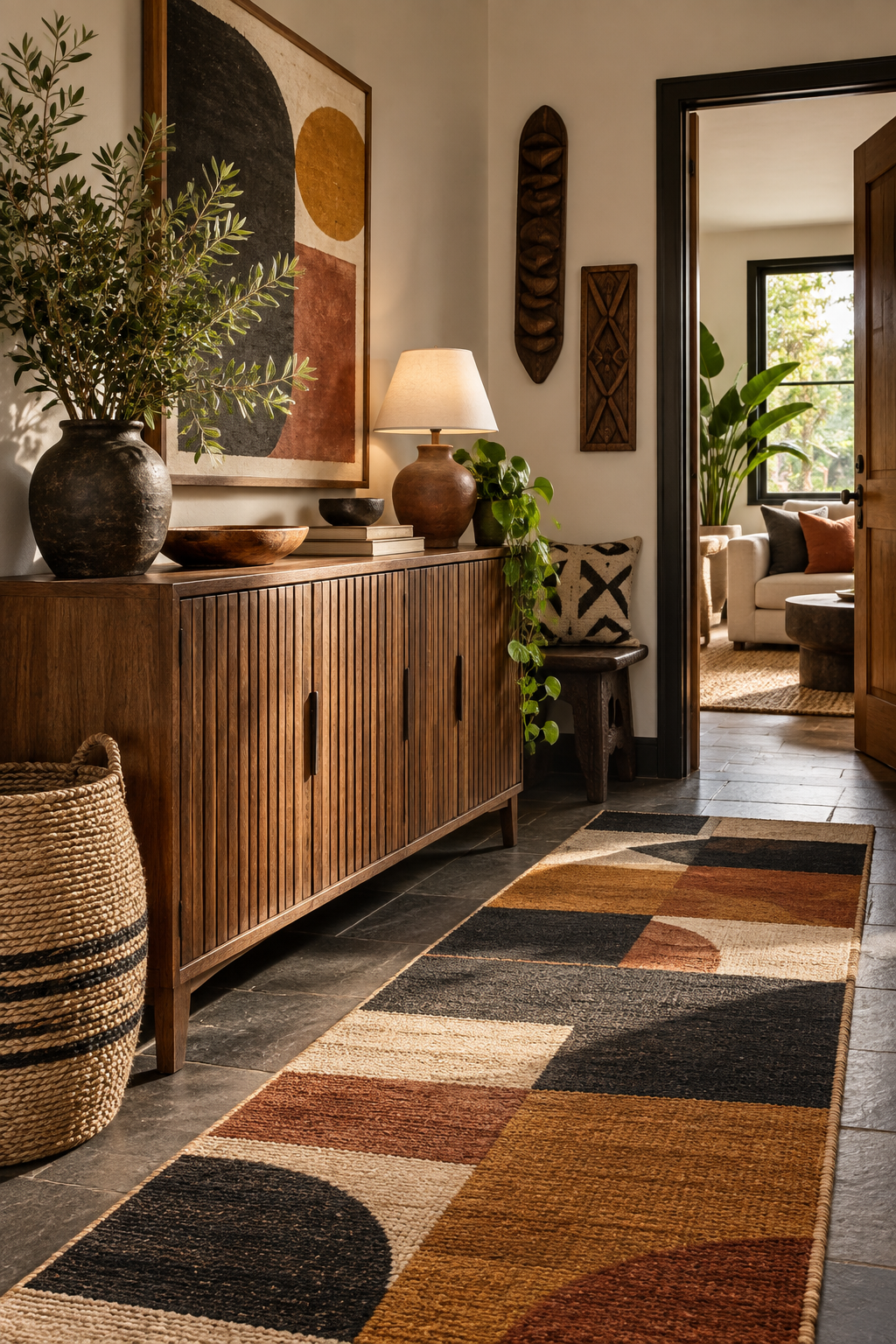 Layered Afrobohemian entryway palette of charcoal, clay, ochre, cream and deep green