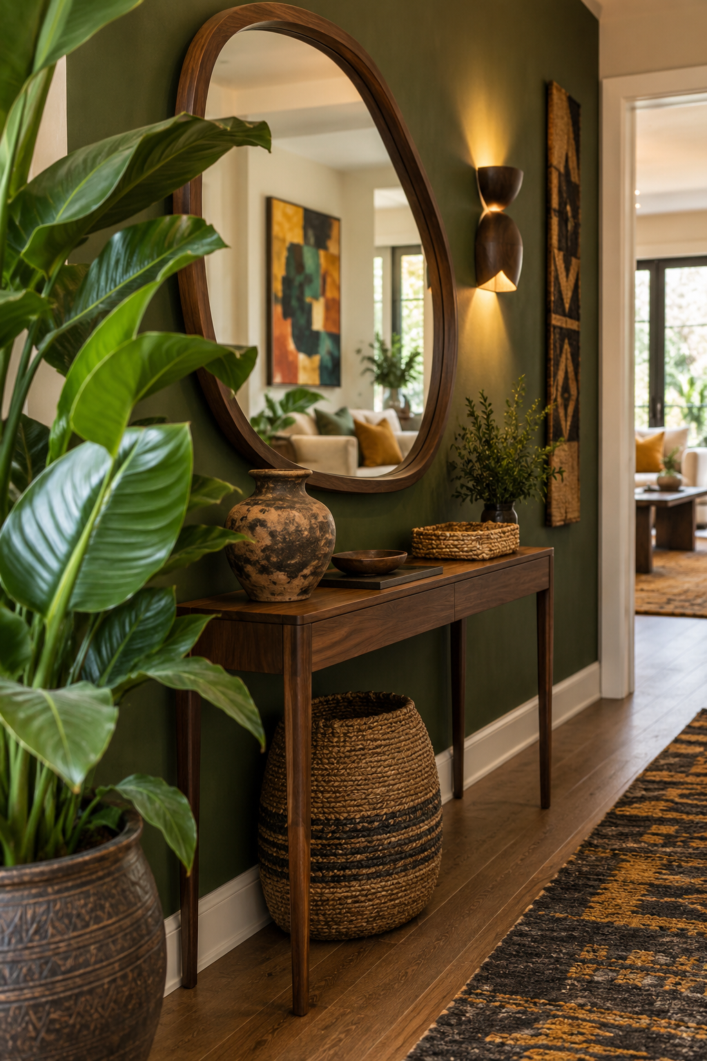 Small Afrobohemian entryway brightened by an organic mirror, focused lighting and greenery